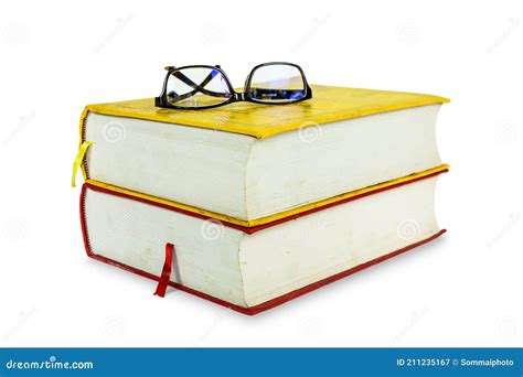 Stack Of Two Old Books With Eyeglasses Isolated On White Stock Image Image Of Education