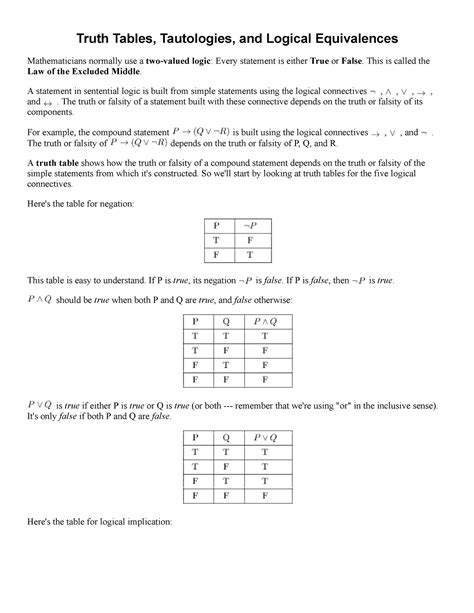 Truth Tables Tautologies And Logical Equivalences Truth Tables