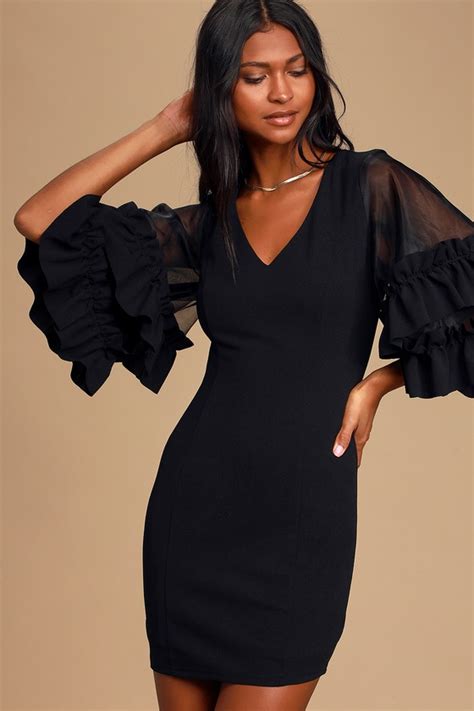 Classy Black Bodycon Dress Tiered Ruffle Sleeve Dress V Neck Lulus