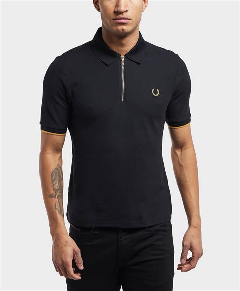 lyst fred perry x miles kane short sleeve zip polo shirt in black for men
