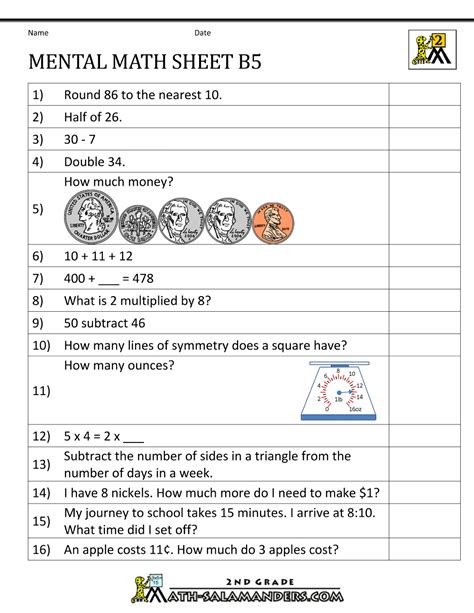 2nd Grade Mental Math Worksheets A71