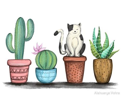 Cat And Cacti Illustration Art Print By Aishwarya Vohra Cactus