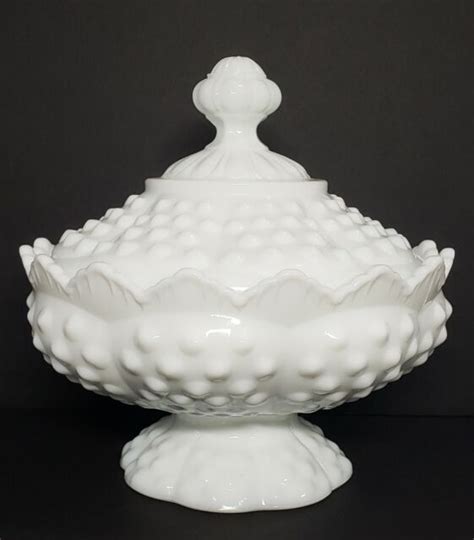 Vintage Fenton White Milk Glass Hobnail Compote Candy Dish With Lid Ebay