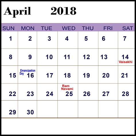 April 2018 Calendar With Holidays In Usa Uk Canada India