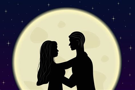 Romantic Couple In Love Embrace In The Moonlight Silhouettes Of Woman