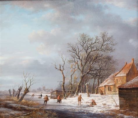 A Dutch Winter Landscape with Figures and Skaters near a Farm Painting | Andreas Schelfhout Oil ...