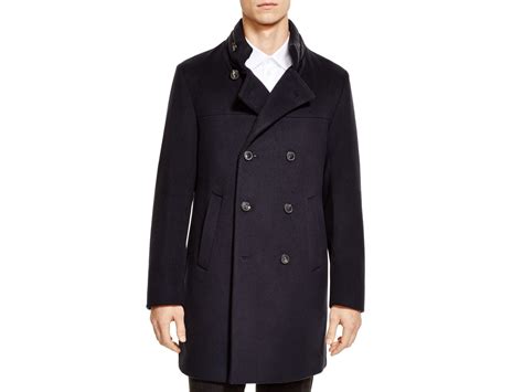 Armani Wool And Cashmere Double Breasted Overcoat In Blue For Men Notte