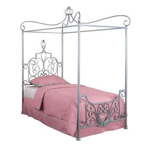 The headboard and footboard with impressive curves are well complemented by the four posts with round finials, adding to the aesthetic appeal of this canopy metal princess bed. SPARKLING SILVER IRON CINDERELLA PRINCESS TWIN SIZE CANOPY ...