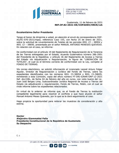 Oficio Presidente De La Republica Ref Of 82 2021 Guatemala 11 De