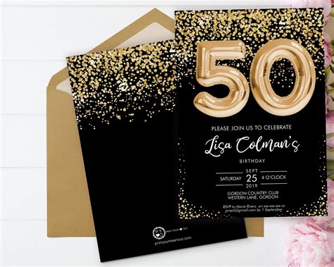 Diy 50th Birthday Foil Balloon Confetti Invitation Printable Template