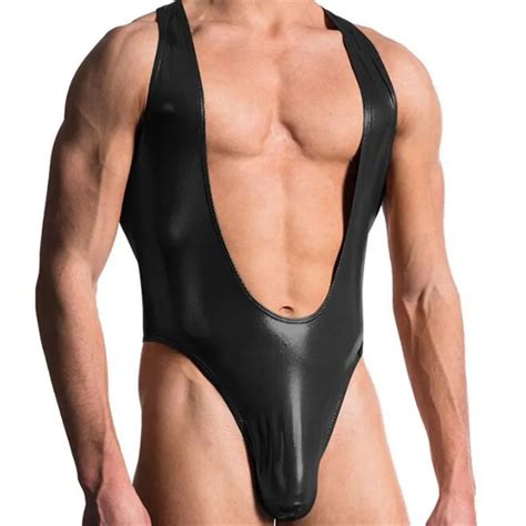 Fashion Men Faux Leather Thong Comfortable Man Sexy Fitness Bodybuilding Sheer Bodysuit Gay Slim