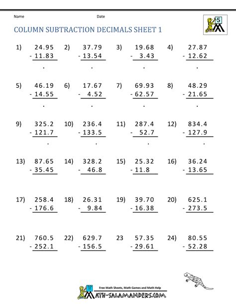 These sheets are designed for children working at a 4th to 6th grade level. 5th Grade Math Practice Subtracing Decimals