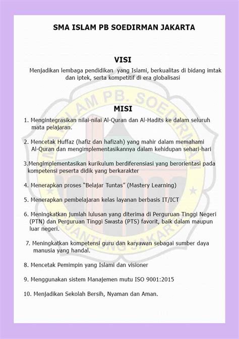 Visi adalah gambaran masa depan yang diinginkan oleh sekolah agar. Visi dan Misi Sekolah