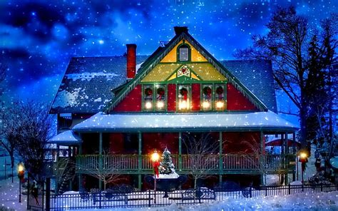 Hd Wallpaper Snow Winter House New Year Christmas Lights Trees