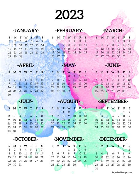 Calendar 2023 Printable One Page Paper Trail Design