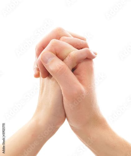 Two Hands Held Together On A White Background Stock Photo And Royalty