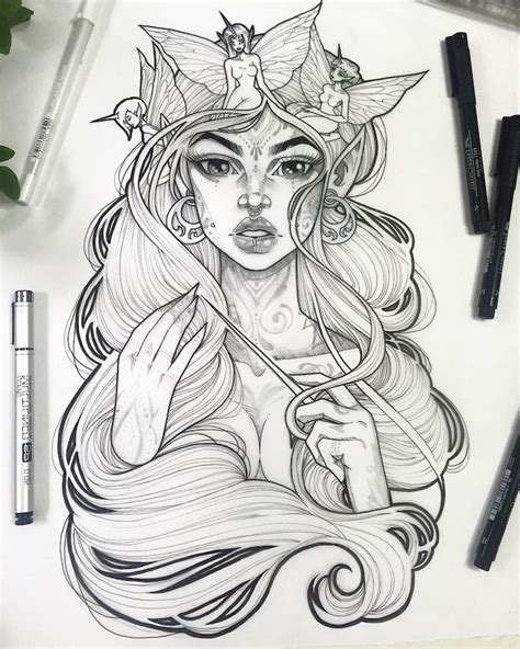 Black White Sketch Cool Things To Draw Woman Long Wavy Hair Fairies