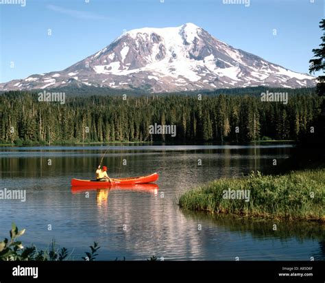 Mount Adams Washington With Canoe Fisherman On Takhlakh Lake Stock