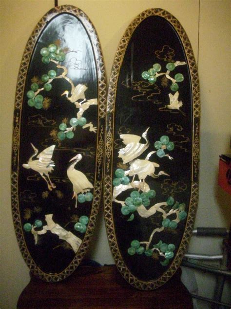 Vintage Black Lacquered Chinese Carved Shell Mother Of Pearl Wall Art