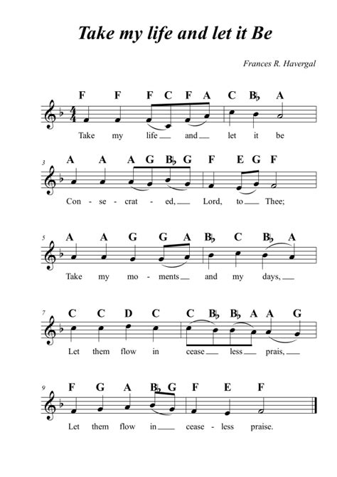 Take My Life And Let It Be Treble And Bass Clef Sheet Music Frances R Havergal Easy Piano