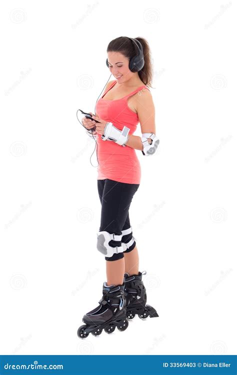 Beautiful Woman In Roller Skates Listening Music On White Backgr Stock