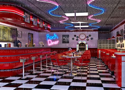 Vintage Diner Photography Backdrop Retro Jukebox 50s Checkered Floors Ice Cream Waitresses