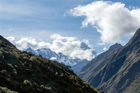 Green Mountains With Snow Covered Peaks Andes Peru Stock Photo