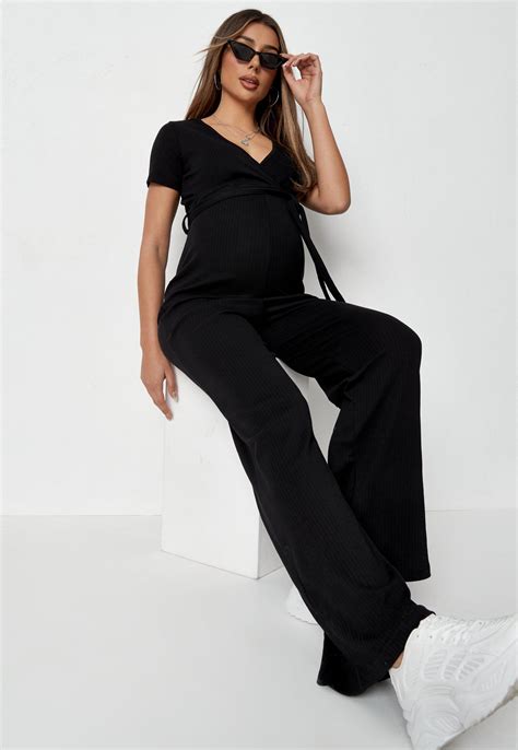 Black Rib Wrap Belted Maternity Jumpsuit Missguided