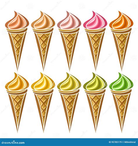 Vector Set Of Ice Cream In Waffle Cone Stock Vector Illustration Of Frozen Flavor