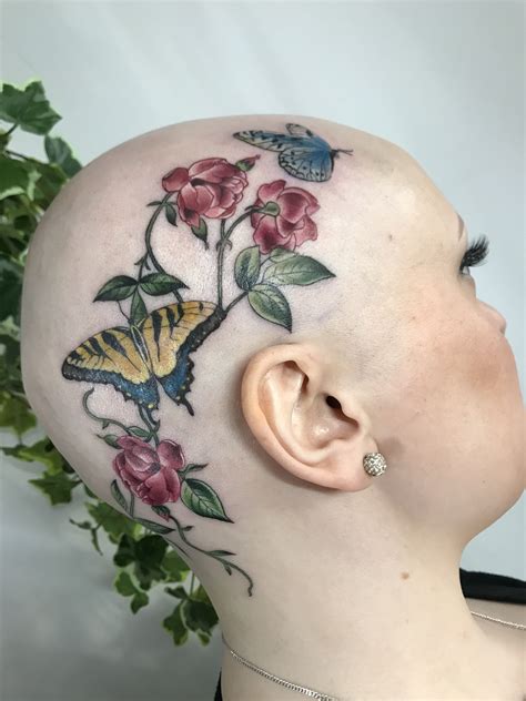 Beautiful Head Tattoo Alopecia Butterfly Flowers By Miss Terri Head Tattoos Head Tattoo Hair