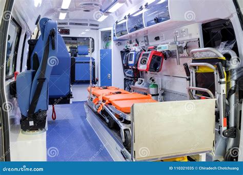Inside An Ambulance Car With Medical Equipment For Helping Stock Image