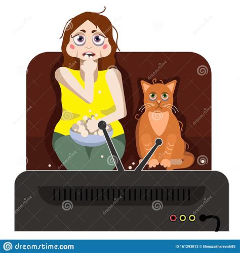 Girl And Cat Watching Tv Vector Stock Vector Illustration Of