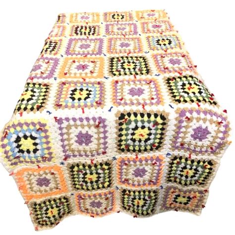 Vintage Handmade Granny Square Afghan Crochet Blanket Throw Quilt X