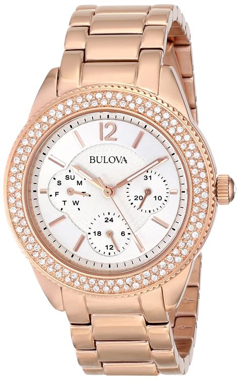 Pre Owned Bulova Swarovski Crystals Rose Gold Tone Ladies Watch 97n101