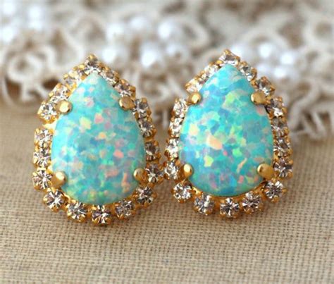 Opal Stud Earrings Mint Swarovski Opal Earrings Swarovski Drop Earrings