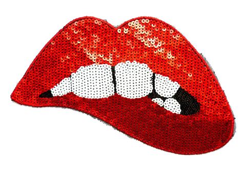 New Sew On 1 Large Sequin Red Sexy Bitten Lips Teeth Mouth Applique