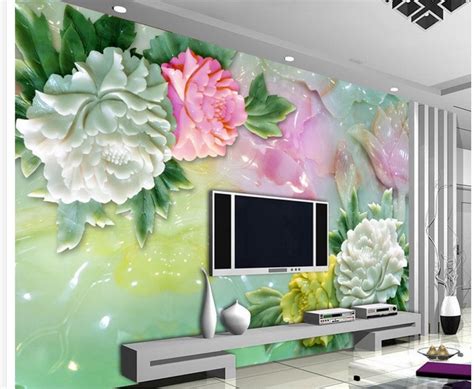 3d Wallpaper Jade Carving Peony Flowers Background Painting Bathroom 3d