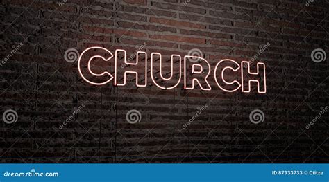 church realistic neon sign on brick wall background 3d rendered royalty free stock image