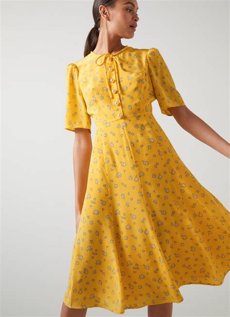 Lk Bennett Womens Dresses Montana Yellow Naive Floral Print Silk Tea Dress Jenni Holtz
