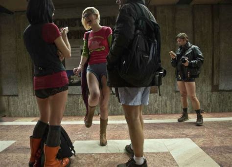 Young People Stripped To Their Underpants Wait For The Subway As