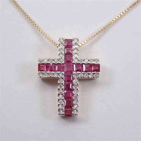 Diamond And Ruby Cross Pendant Necklace 18 Chain 14k Yellow Gold