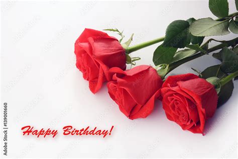 Red Roses Closeup Beautiful Bouquet Happy Birthday Card Stock Photo