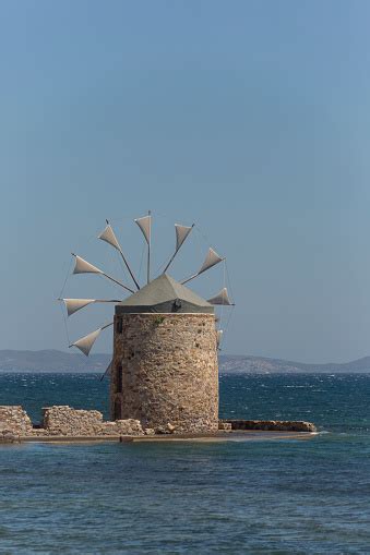 Historical Ottoman Windmills By Seaside Of Greek Chios Island In Aegean
