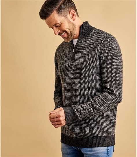 Charcoalgreycream Mens Lambswool Geo Stitch Half Zip Sweater