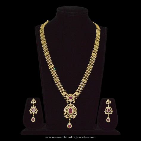 Gold Plated Long Stone Necklace With Earrings South India Jewels