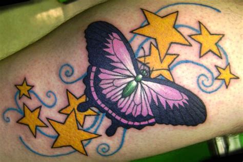 Cool Butterfly With Stars Tattoo Design For Girl Leg Star Tattoo