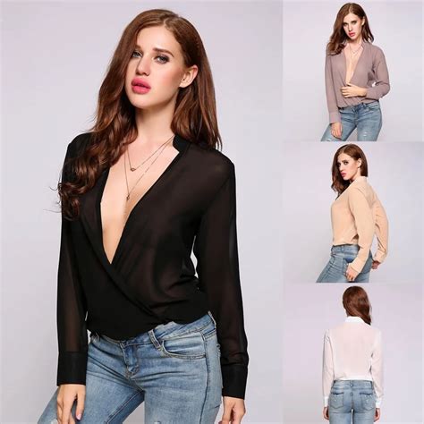 2017 New Arrival Fashion Blouse Shirt Women Sexy Deep V Collar Long Sleeve Front Open Solid