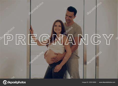 Husband Hugs Hands Pregnant Girl Stomach Woman Bare Stomach Preggers