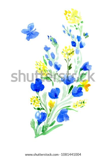 Watercolor Dark Blue Yellow Flowers On Stock Illustration 1081441004