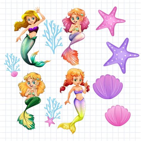 Premium Vector Set Of Cute Cartoon Mermaids Hand Drawn Vector